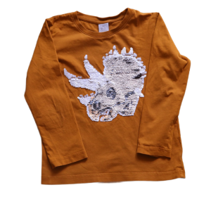 Bluzka Lindex 122 cm musztardowa z cekinowym nosorożcem